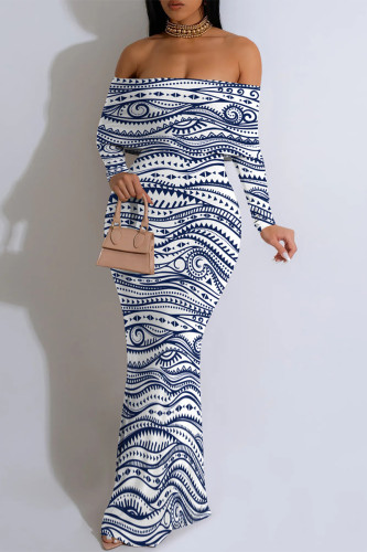 White Blue Geometric Flowers Print Off Shoulder Long Sleeve One Step Skirt Vacation Bodycon Maxi Dresses