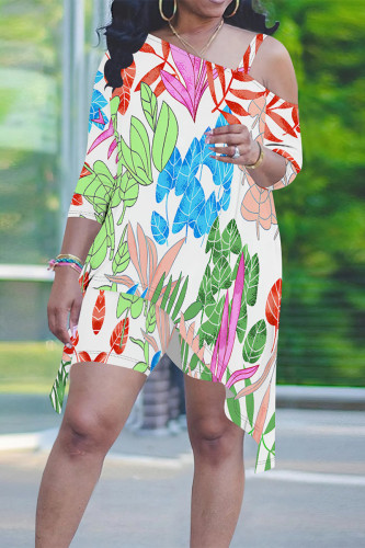 White Graphics Print Sloping Shoulder Long Irregular Hem Top And Shorts Vacation Plus Size Two Pieces Short Set