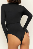 Black Sexy Solid Color Hollow Out Patchwork Strap Design O Neck Skinny Bodysuits