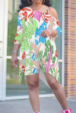 Colour Graphics Print Sloping Shoulder Long Irregular Hem Top And Shorts Vacation Plus Size Two Pieces Short Set