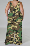 Apricot Casual Graphics Print V Neck Sleeveless Vacation Plus Size Wide Leg Jumpsuits