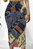 Blue Sexy Print Patchwork Skinny Mid Waist Pencil Positioning Print Bottoms