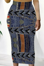 Blue Brown Sexy Print Patchwork Skinny Mid Waist Pencil Positioning Print Bottoms
