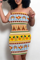Yellow National Totem Print Strapless Sleeveless Vacation Bodycon Boho Tube Mini Dresses