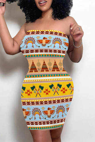 Yellow National Totem Print Strapless Sleeveless Vacation Bodycon Boho Tube Mini Dresses