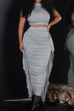Apricot Casual Hollow Out Lace Up Half A Turtleneck Sleeveless Crop Tops And Ruffle Trim Ruched Maxi Skirt Vacation Two Pieces Dress Sets