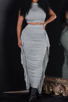 Grey Casual Hollow Out Lace Up Half A Turtleneck Sleeveless Crop Tops And Ruffle Trim Ruched Maxi Skirt Vacation Two Pieces Dress Sets