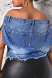 Blue Street Print Patchwork Backless Off Shoulder Sleeveless Loose Denim Jacket