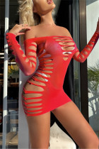 Red Backless Long Sleeve See-Through Hollow Out Sleepwear Lingerie
