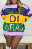 Purple Yellow Casual Colorblock Sequins Patchwork Contrast O Neck Tops