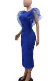 Blue Elegant Solid Color Patchwork Slit Mesh Zipper Ruffled Trim O Neck Wrapped Skirt Dresses