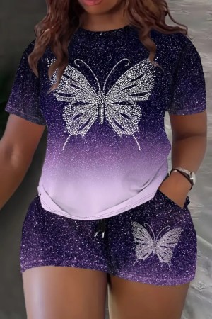 Purple Casual Graphcis Print O Neck Short Sleeve Oversize T-Shirt And Shorts Two Pieces Shorts Sets