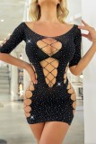 Black Sexy Hot Solid Color Hollow Out See-Through Hot Drill Lingerie
