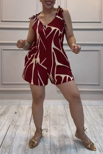 Burgundy Casual Street Daily Vacation Colorblock Print Spaghetti Strap Regular Jumpsuits