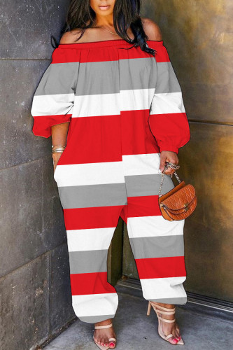 Red Casual Stripe Print Off Shoulder Long Sleeve Vacation Loose Harem Jumpsuit