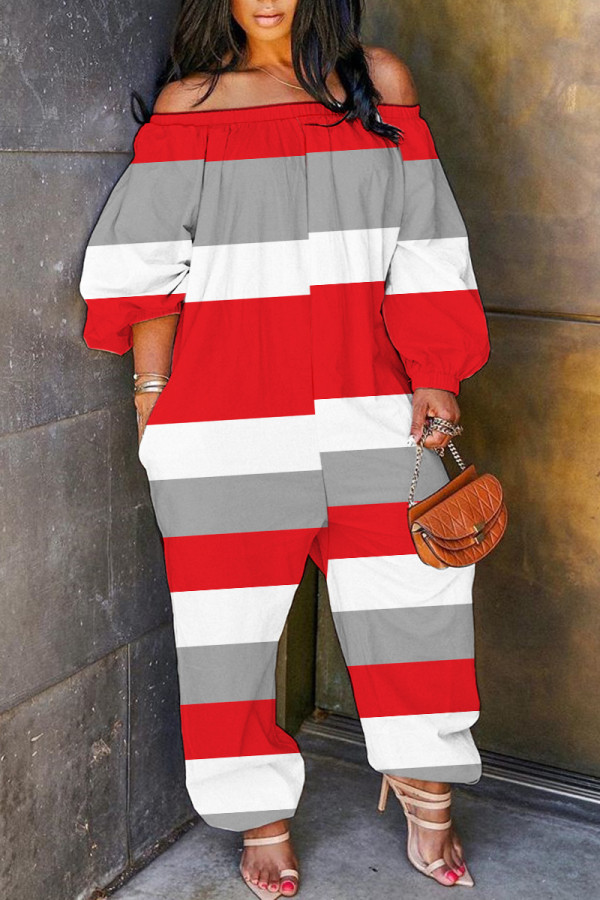 Red Casual Stripe Print Off Shoulder Long Sleeve Vacation Loose Harem Jumpsuit