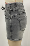 Grey Casual Solid Color Pocket High Waist Bodycon Denim Shorts
