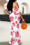 Blue Elegant Print Patchwork Backless Off Shoulder Long Dresses