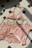 Pink Backless Belted Chains Sleeveless Bra And Mini Shorts Bikini Sets Cover Up Drawstring Mini Skirt Beach Vacation Swimwears Three Piece Swimsuit