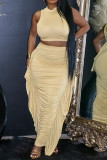 Apricot Casual Hollow Out Lace Up Half A Turtleneck Sleeveless Crop Tops And Ruffle Trim Ruched Maxi Skirt Vacation Two Pieces Dress Sets