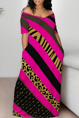 Rose Red Casual Graphics Print V Neck Short Sleeve Floor Length Loose Vacation Maxi T-Shirt Dresses