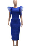 Blue Elegant Solid Color Patchwork Slit Mesh Zipper Ruffled Trim O Neck Wrapped Skirt Dresses