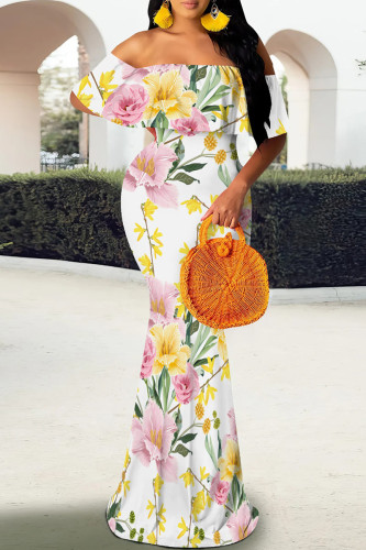 Pink Yellow Elegant Print Patchwork Backless Off Shoulder Long Dresses