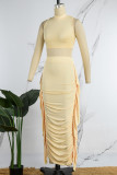 Apricot Casual Hollow Out Lace Up Half A Turtleneck Sleeveless Crop Tops And Ruffle Trim Ruched Maxi Skirt Vacation Two Pieces Dress Sets