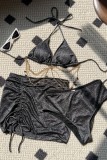 Pink Backless Belted Chains Sleeveless Bra And Mini Shorts Bikini Sets Cover Up Drawstring Mini Skirt Beach Vacation Swimwears Three Piece Swimsuit