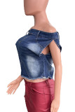 Blue Street Print Patchwork Backless Off Shoulder Sleeveless Loose Denim Jacket