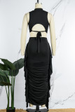 Apricot Casual Hollow Out Lace Up Half A Turtleneck Sleeveless Crop Tops And Ruffle Trim Ruched Maxi Skirt Vacation Two Pieces Dress Sets