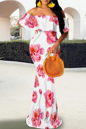 Powder White Elegant Print Patchwork Backless Off Shoulder Long Dresses