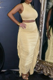Apricot Casual Hollow Out Lace Up Half A Turtleneck Sleeveless Crop Tops And Ruffle Trim Ruched Maxi Skirt Vacation Two Pieces Dress Sets