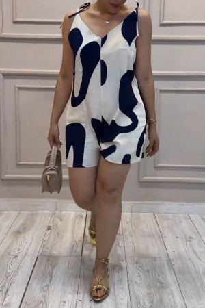 White Casual Street Daily Vacation Colorblock Print Spaghetti Strap Regular Jumpsuits