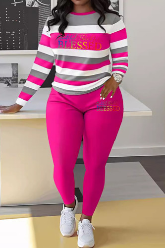 Rose Red Sportwear Casual Stripe Print O Neck Long Sleeve Oversize Tops And Skinny Pants Two Pieces Sweatpant Sets