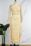 Apricot Casual Hollow Out Lace Up Half A Turtleneck Sleeveless Crop Tops And Ruffle Trim Ruched Maxi Skirt Vacation Two Pieces Dress Sets