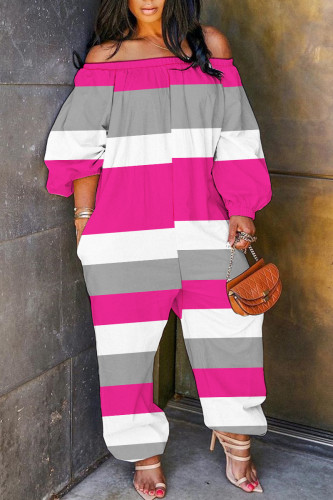 Rose Red Casual Stripe Print Off Shoulder Long Sleeve Vacation Loose Harem Jumpsuit