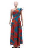 Red Elegant Print Patchwork Backless High Slit Ruffled Trim Oblique Collar Long Dresses
