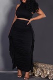 Apricot Casual Hollow Out Lace Up Half A Turtleneck Sleeveless Crop Tops And Ruffle Trim Ruched Maxi Skirt Vacation Two Pieces Dress Sets