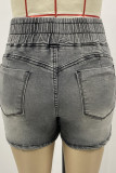 Grey Casual Solid Color Pocket High Waist Bodycon Denim Shorts