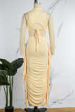 Apricot Casual Hollow Out Lace Up Half A Turtleneck Sleeveless Crop Tops And Ruffle Trim Ruched Maxi Skirt Vacation Two Pieces Dress Sets