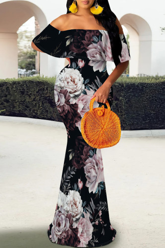 Pink Black Elegant Print Patchwork Backless Off Shoulder Long Dresses