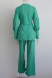 Green Casual O Neck Long Sleeve Irregular Hem Blouse And Slit Wide Leg Pants Vacation Two Pieces Trouser Sets