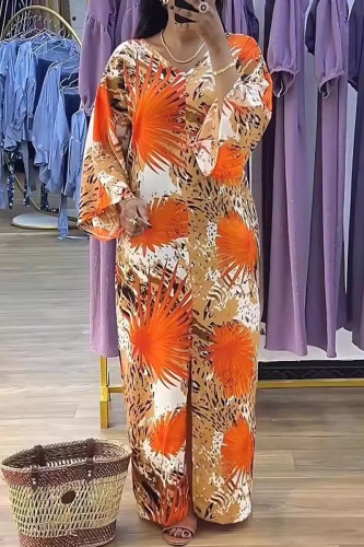 Multicolor Floral Print V Neck Flare Sleeve Front Slit Long Loose Vacation Maxi Dresses