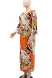 Multicolor Floral Print V Neck Flare Sleeve Front Slit Long Loose Vacation Maxi Dresses