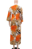 Multicolor Floral Print V Neck Flare Sleeve Front Slit Long Loose Vacation Maxi Dresses