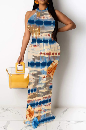 Multicolor Graffiti Print O Neck Sleeveless One Step Skirt Party Evening Party Bodycon Maxi Dresses