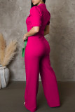 Green Formal Turndown Collar Long Sleeve Pocket Buckle Evening Party Office Lady Wide Leg Jumpsuits