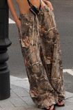Brown Casual Graphics Print Draw String Pocket Low Waist Loose Wide Leg Pants