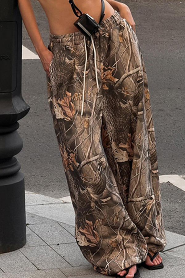 Brown Casual Graphics Print Draw String Pocket Low Waist Loose Wide Leg Pants